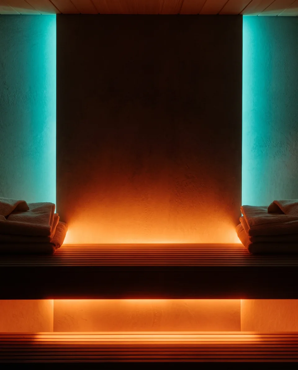 AI-generated Chairon House sauna lit in glowing orange and teal