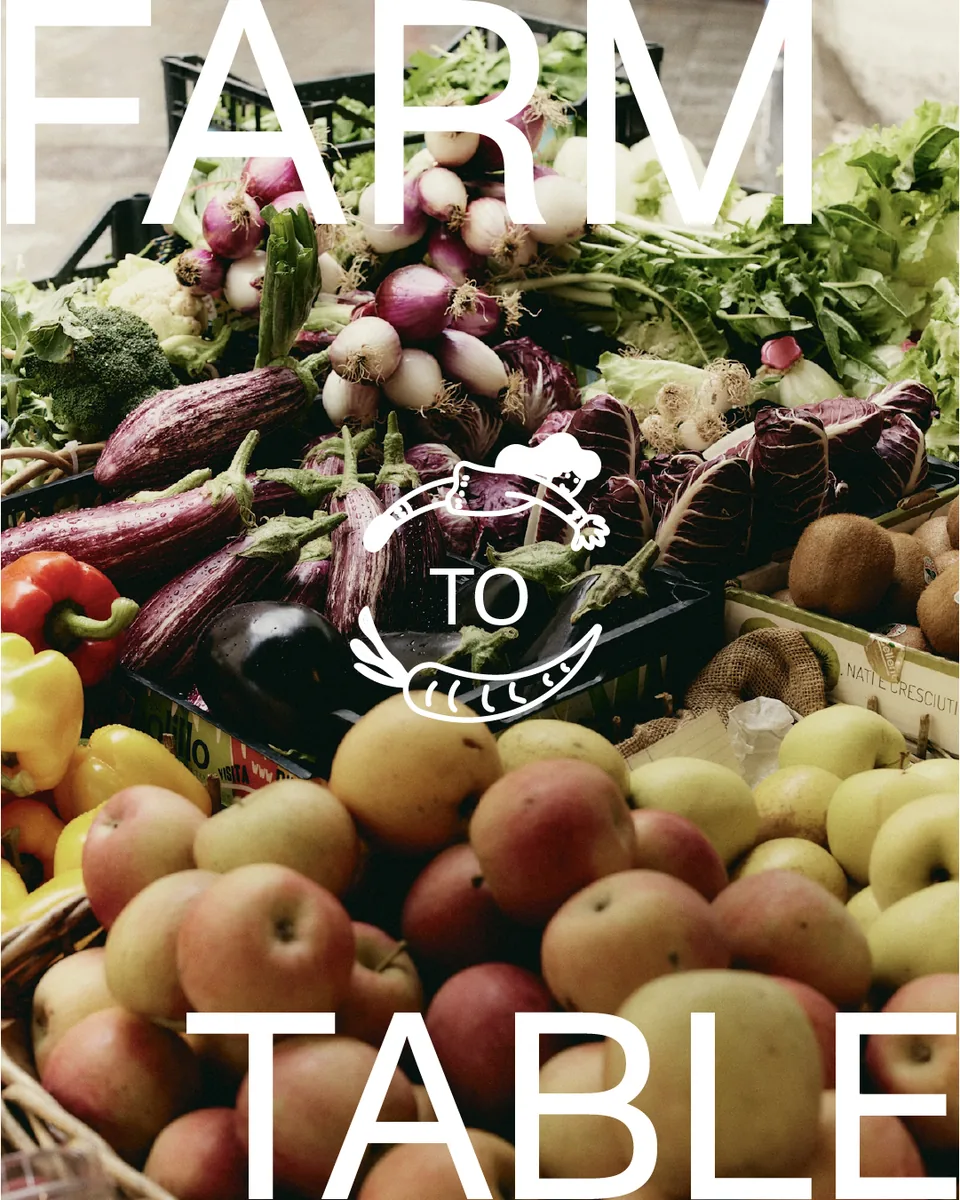 Fresh farm vegetables and fruit with Farm to Table lettering