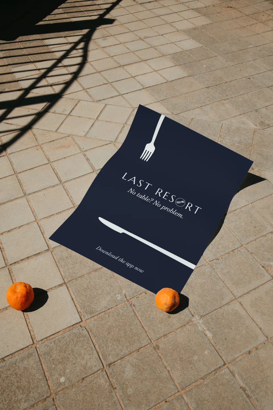 Last Resort menu poster on tiles with oranges