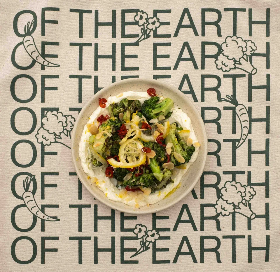 Of The Earth poster with a salad bowl and repeated brand lettering