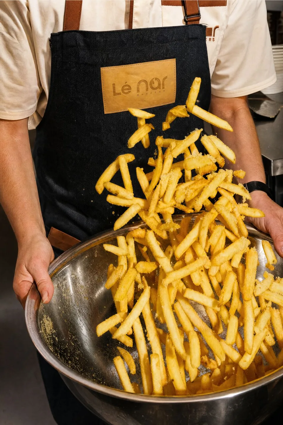 Chef in a Lenar apron tossing fresh fries in a metal bowl